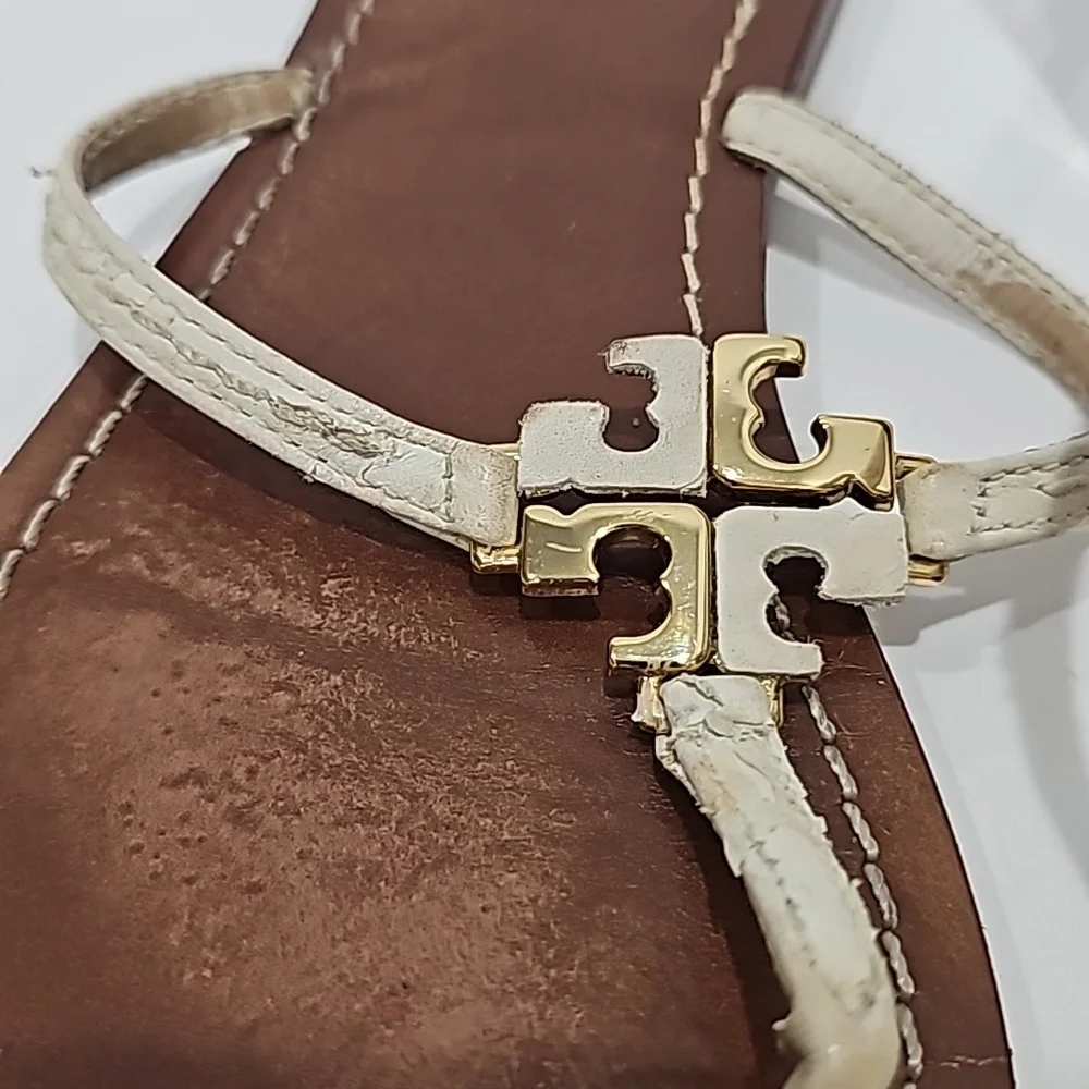 Tory Burch Thong Sandal Logo White Leather Size 8M flats